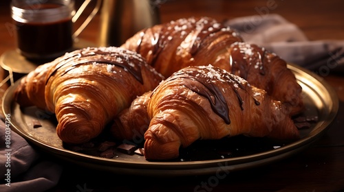A tray of freshly baked chocolate croissants, golden and flaky on the outside with a rich chocolate filling on the inside, perfect for a decadent breakfast or brunch.