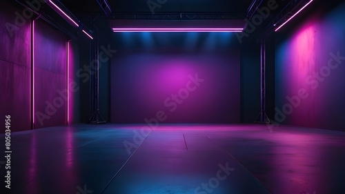 A scene for showing products. Basement with blue and pink neon light giving kind of cyberpunk vibe