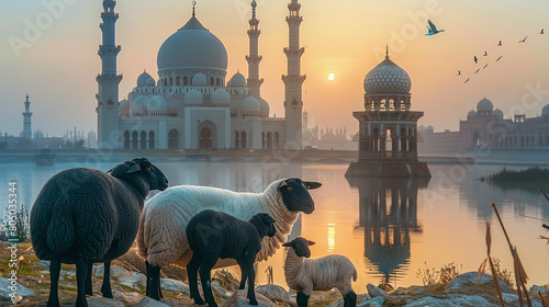 Eid al adha. lamb and sheep in front of a mosque, in the morning sunrise photo