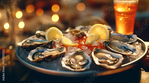 A tray of freshly shucked oysters served on a bed of crushed ice with lemon wedges and cocktail sauce, ready to be enjoyed as a seafood appetizer. photo