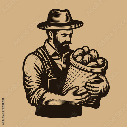 Farmer with a bag of potatoes. Potato. Beautiful vintage vector engraving illustration, emblem, logo, isolated object