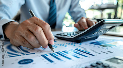 Person calculating finances on a table with a calculator and pen. Suitable for financial planning, budgeting, accounting concepts. photo