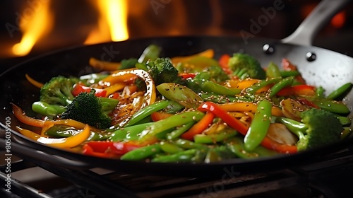 A vibrant vegetable stir-fry sizzling in a hot wok, featuring colorful bell peppers, broccoli florets, snap peas, and carrots, seasoned to perfection.