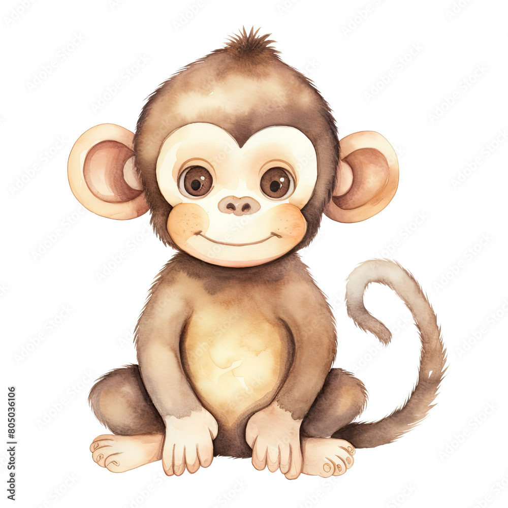 Naklejka premium AI-Generated Watercolor Cute Baby Monkey sitting Clip Art Illustration. Isolated elements on a white background.