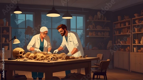 Fossil lab interior with paleontology scientists Cartoon.generative.ai
