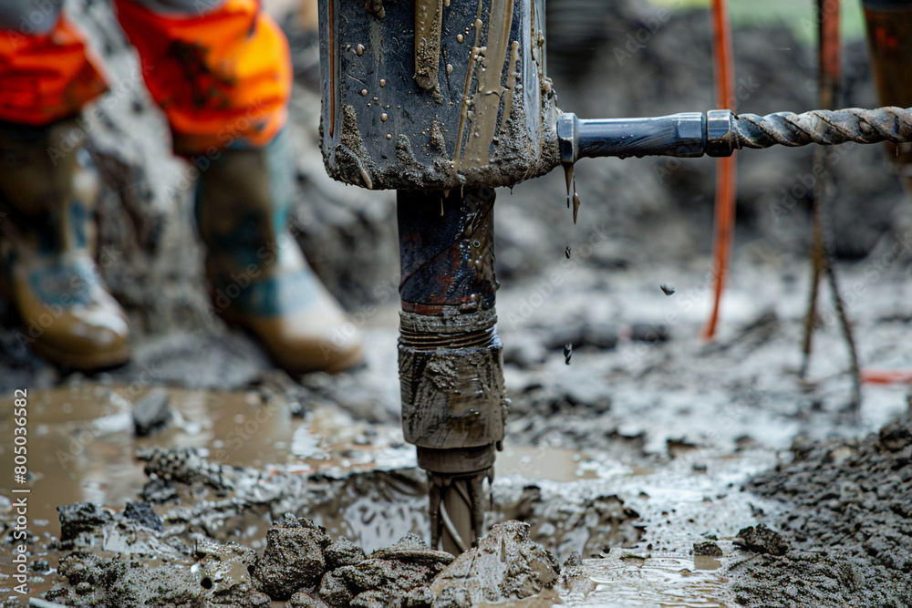 Close-up of drilling mud being prepared, a critical component in stabilizing boreholes and ensuring safe drilling operations Close-up of drilling mud being prepared, a critical component in stabilizing boreholes and ensuring safe drilling operations