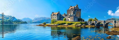 Castle on a Warm Summer Day: An Ancient Island Castle in the Highland Landscape photo