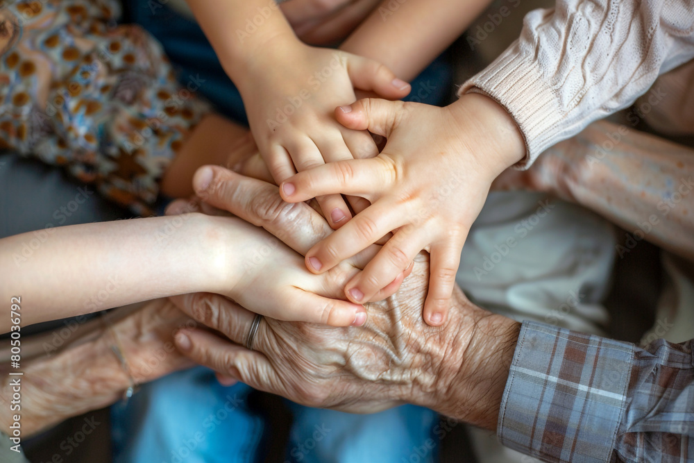 Close-up of family members' hands joined in celebration, emphasizing the warmth of human connection, in a Lifestyle and People Close-up of family members' hands joined in celebration, emphasizing the warmth of human connection, in a Lifestyle and People