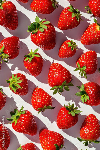 Fresh sunlit strawberries arranged in a beautiful pattern on a white surface with a bright sunny background