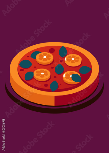 an image of a large pizza with tomatoes, onions and pepperoni on the board. The background of the image is dark and there is nothing on the background