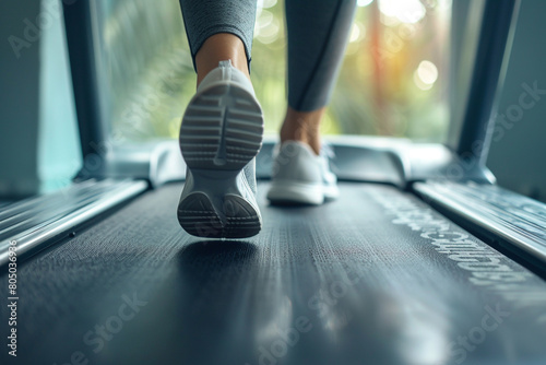 Close-up of feet stepping on a treadmill  beginning of a cardio workout  focus on the movement 