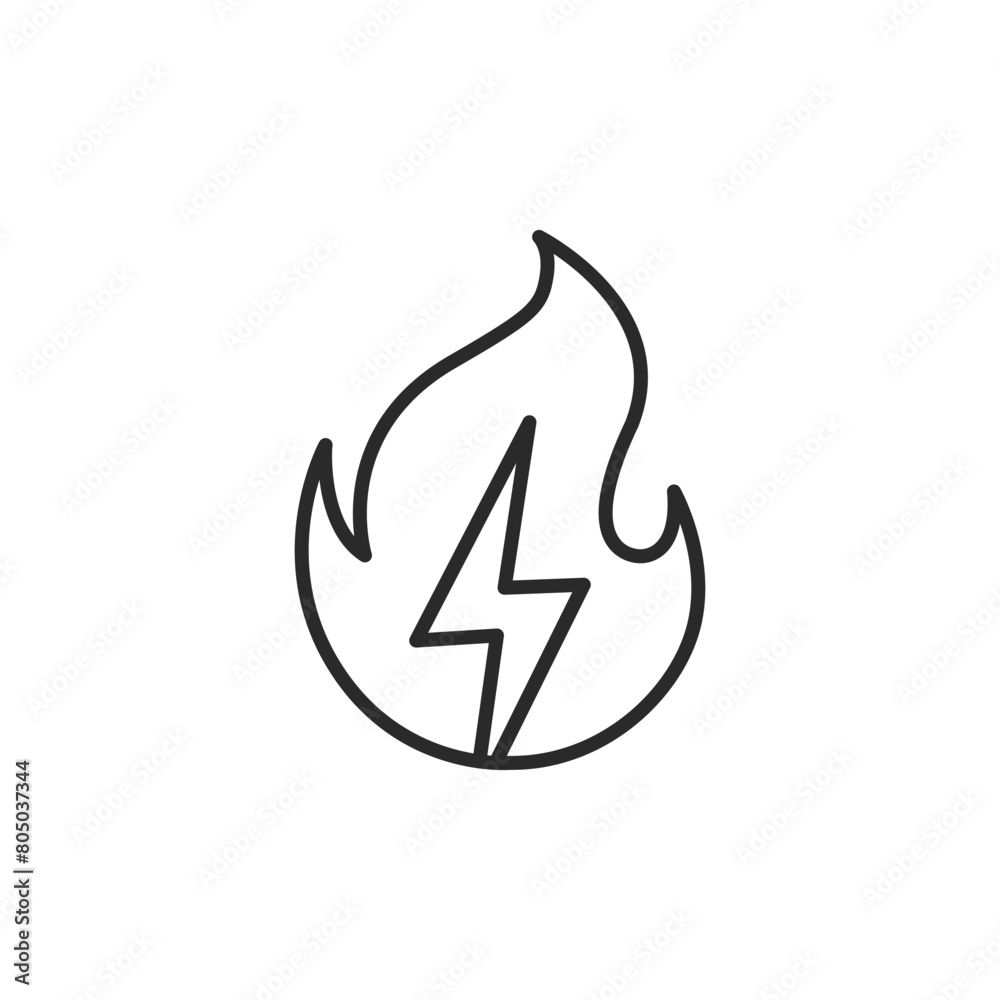 Energy Combustion icon. This graphic combines a flame with a lightning bolt, representing the generation of power through the combustion of fuels. Vector illustration 