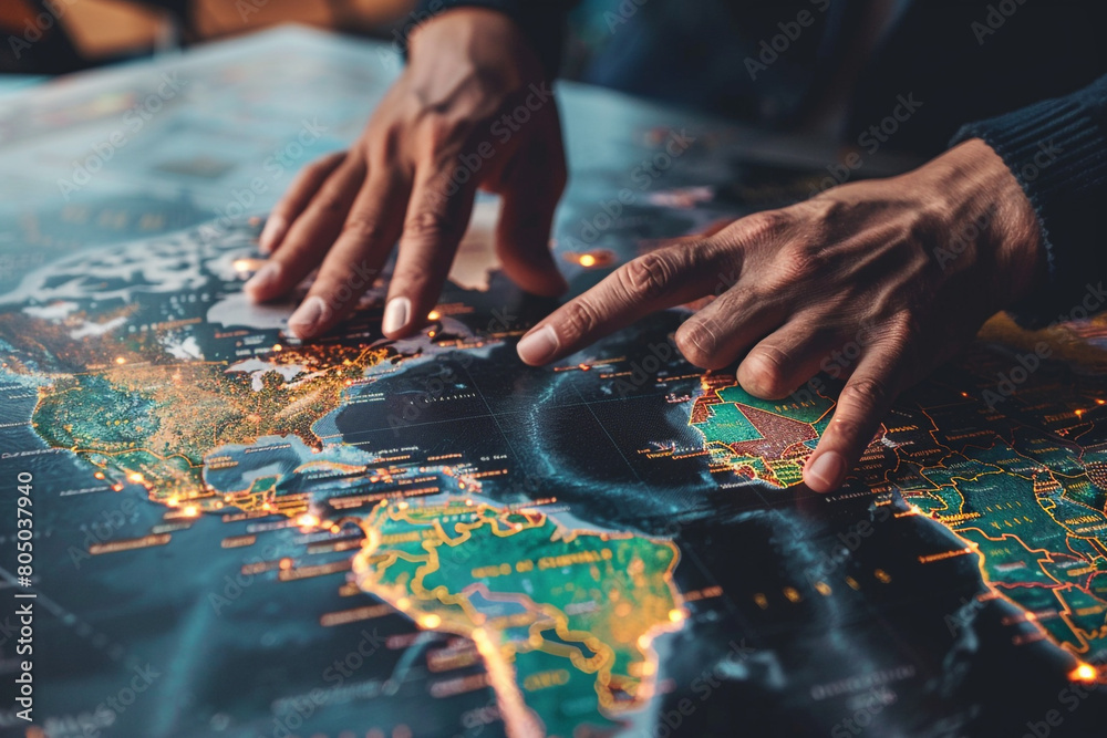 Close-up of hands over a world map with trade routes, pointing at major global trade ports Close-up of hands over a world map with trade routes, pointing at major global trade ports