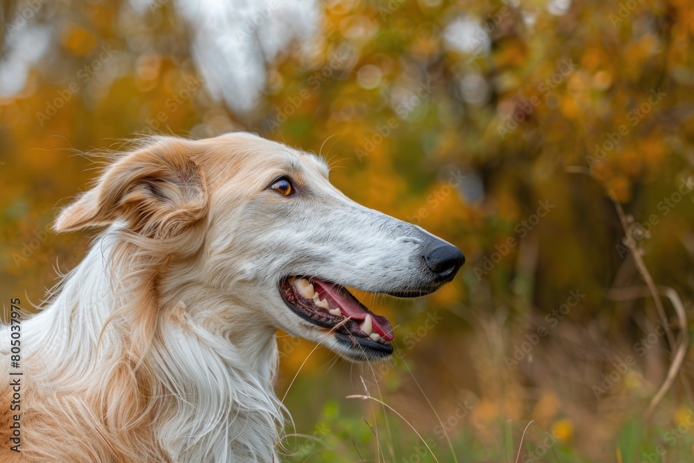 Close-Up Portrait of Beautiful Borzoi Hound Dog, Purebred Breed, Head Shot of Happy Pet in the Field Close-Up Portrait of Beautiful Borzoi Hound Dog, Purebred Breed, Head Shot of Happy Pet in the Field