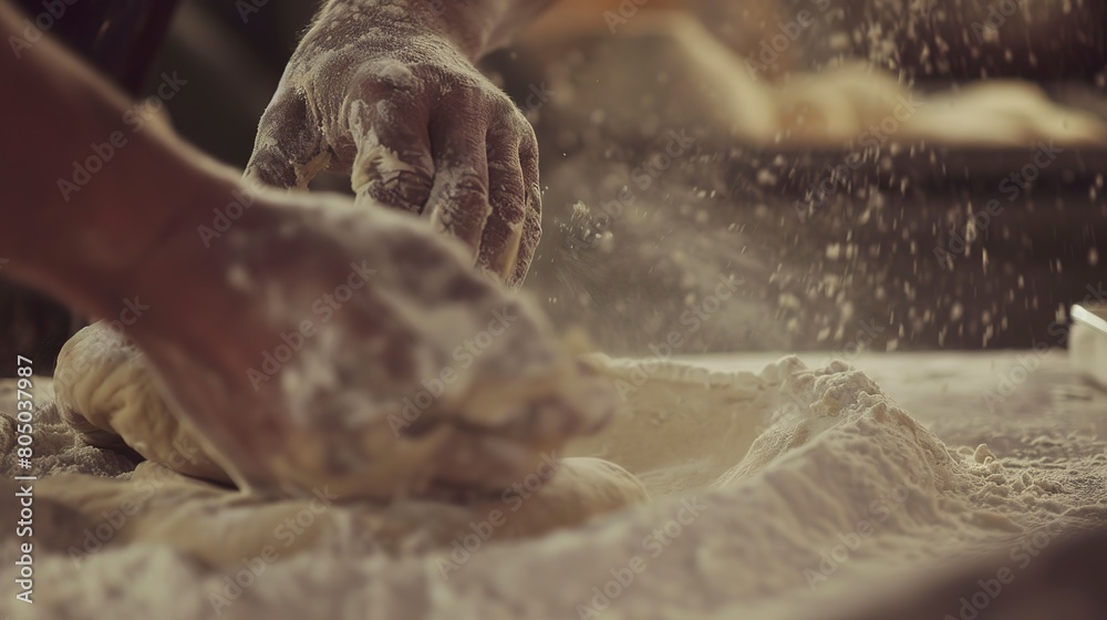Close-up of a baker kneading dough, flour dust visible, intense focus, warm bakery light. 