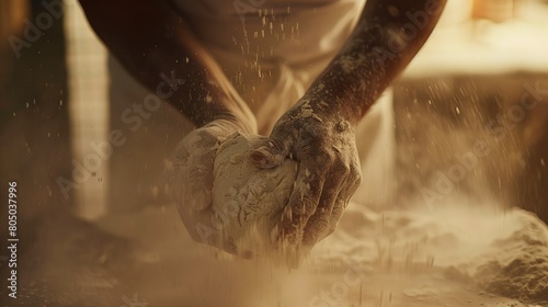 Close-up of a baker kneading dough  flour dust visible  intense focus  warm bakery light. 