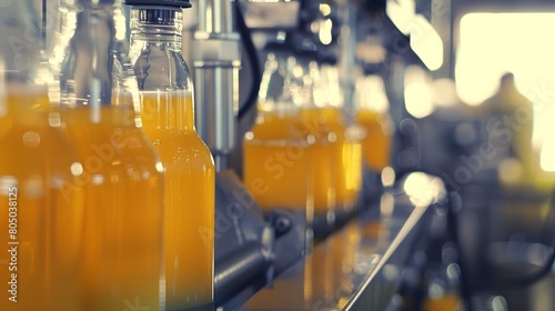 Close-up on a juice bottling line, bottles being filled, clear focus on liquid and glass, bright factory light.  photo