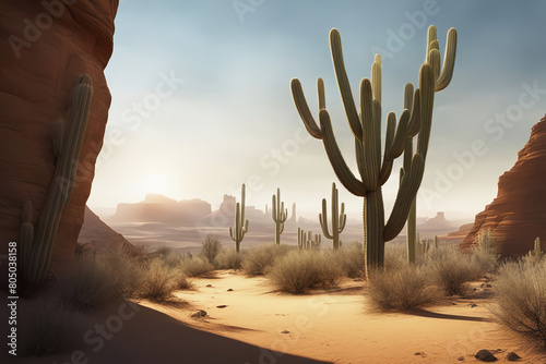 Desert landscape abstract art background. Texas western mountains and cactuses. Illustration of Wild West desert with red sky and sun. Design element for banner, flyer, card, sign template photo