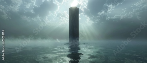 A tall tower is reflected in the water