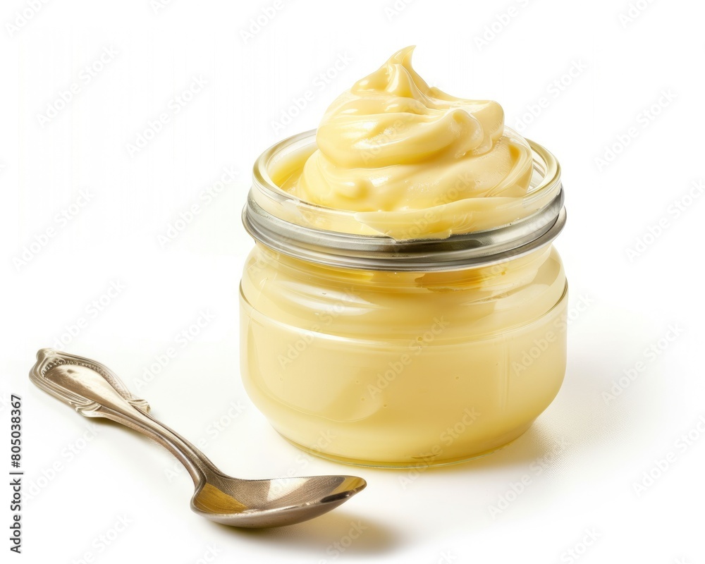 Closeup of an Opened Mayonnaise Jar with Spoon Isolated on White Background Closeup of an Opened Mayonnaise Jar with Spoon Isolated on White Background