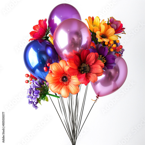 festive bouquet of mixed flowers and balloons for a celebration on a white isolate background.