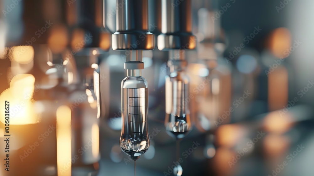 Close-up of vaccine vials being filled, needles and liquid visible, high detail, cold, clinical light. Close-up of vaccine vials being filled, needles and liquid visible, high detail, cold, clinical light.