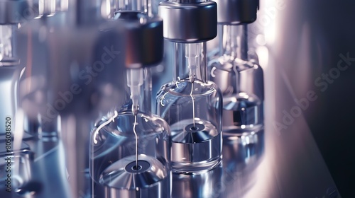 Close-up of vaccine vials being filled, needles and liquid visible, high detail, cold, clinical light. -