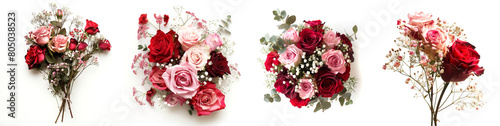romantic bouquet of red and pink roses with baby's breath on a white isolate background.