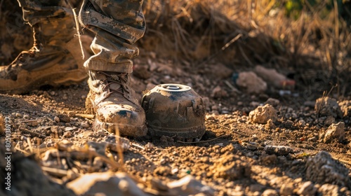 Dangerous Landmine - An Anti-personnel Bomb Lurking Beneath the Ground Ready to Explode Under photo