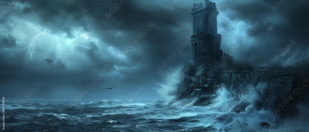 A stormy ocean with a lighthouse in the distance