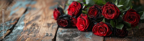 A bouquet of red roses on a wooden table