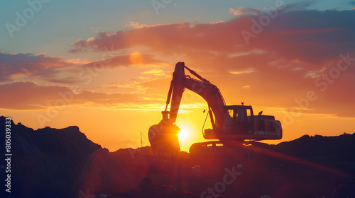 Image silhouette of excavator loader with sunset on last light background. 