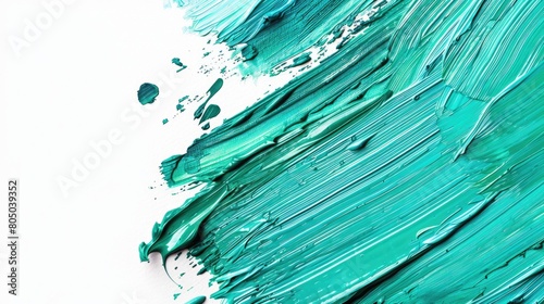 Biscay Green Brush Strokes on White Background - Artistic Gouache Paint in Emerald Minty Color photo