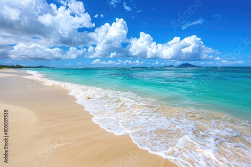 Balanced Beauty of Beach  White Sand Shoreline with Naupaka  Horizon Sky and Ocean