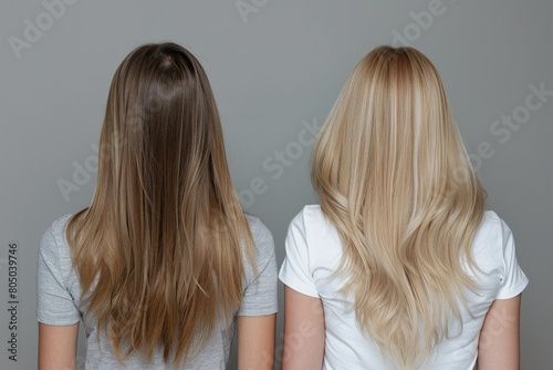 Before and After Hair Treatment. Back View of Beautiful Adult Caucasian Woman with Blonde Hair