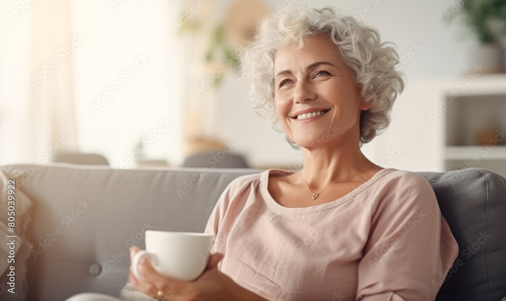 A woman is sitting on a couch with a cup in her hand A woman is sitting on a couch with a cup in her hand