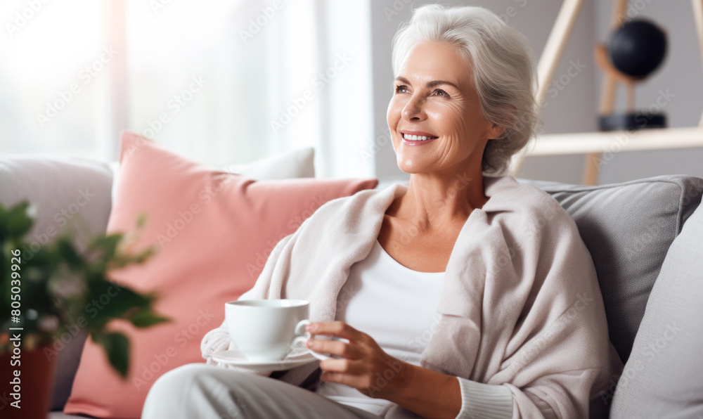 A woman is sitting on a couch with a cup in her hand A woman is sitting on a couch with a cup in her hand