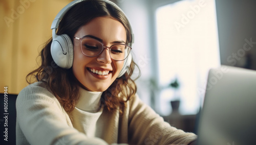 A woman wearing headphones and glasses is smiling while using a laptop