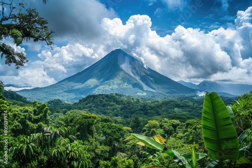 Awe-Inspiring Arenal Volcano in the Tropical Jungle with Blue Skies and Clouds photo