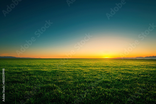 A minimalist landscape of a green grass field under a vibrant sunrise, the sky transitioning from night blue to morning gold without a cloud in sight. © Zuhaib