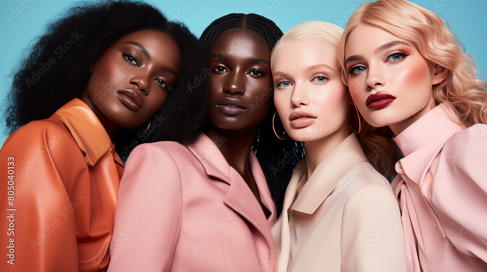 Four women are standing in a row, all wearing different colored jackets Four women are standing in a row, all wearing different colored jackets