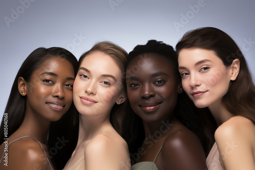 Four women of different skin tones are standing together, smiling for a photo