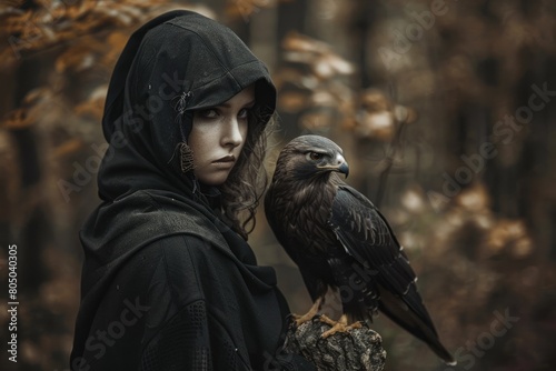 Beauty and Darkness of a Gothic Huntress with Black Cloak and Her Hawk in the Forest