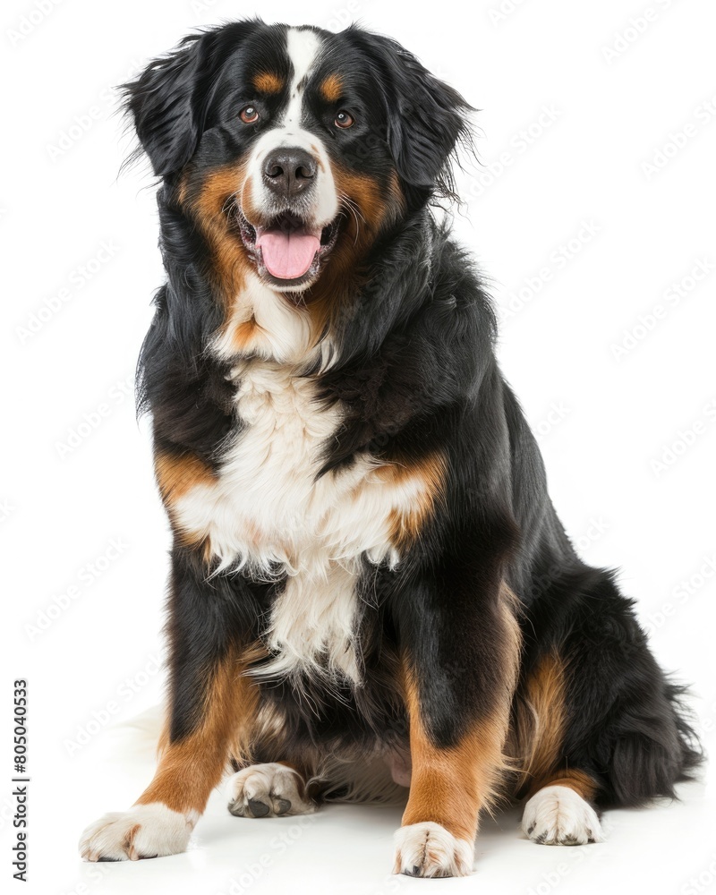 Bernese Mountain Dog Sitting in Front of White Background. Color Image of Cute Pet Animal Isolated