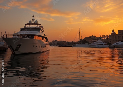 Luxury Yachts Anchored in Serene Harbor at Sunset, Wealthy Lifestyle Sea View © Qstock