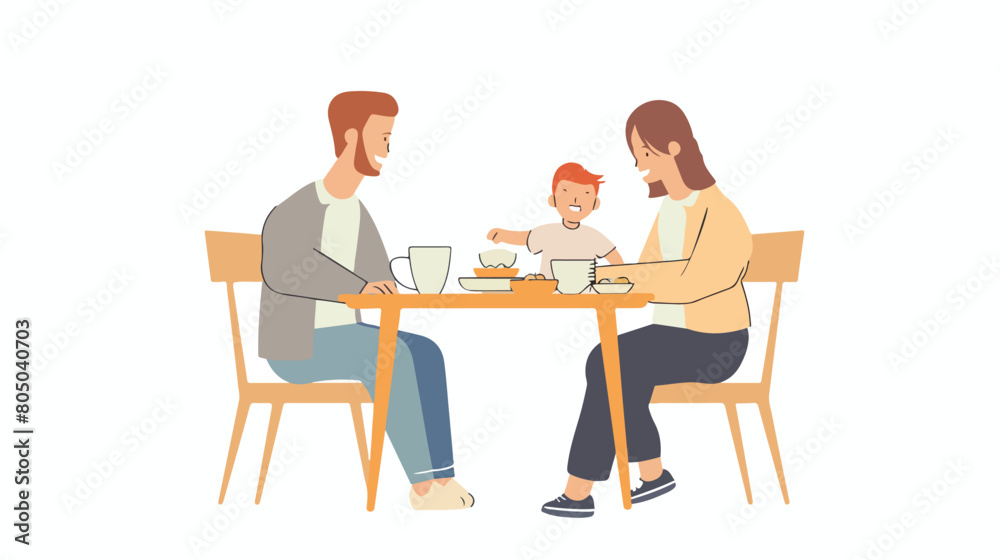 Female couple with son having breakfast Hand drawn style