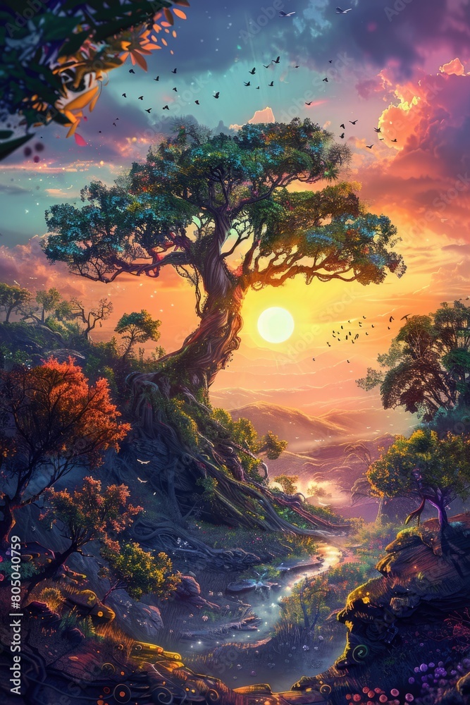 Abstract Neverland at Sunrise - A Mystical Landscape of Surreal Nature and Tree Scenery in Glorious Abstract Neverland at Sunrise - A Mystical Landscape of Surreal Nature and Tree Scenery in Glorious