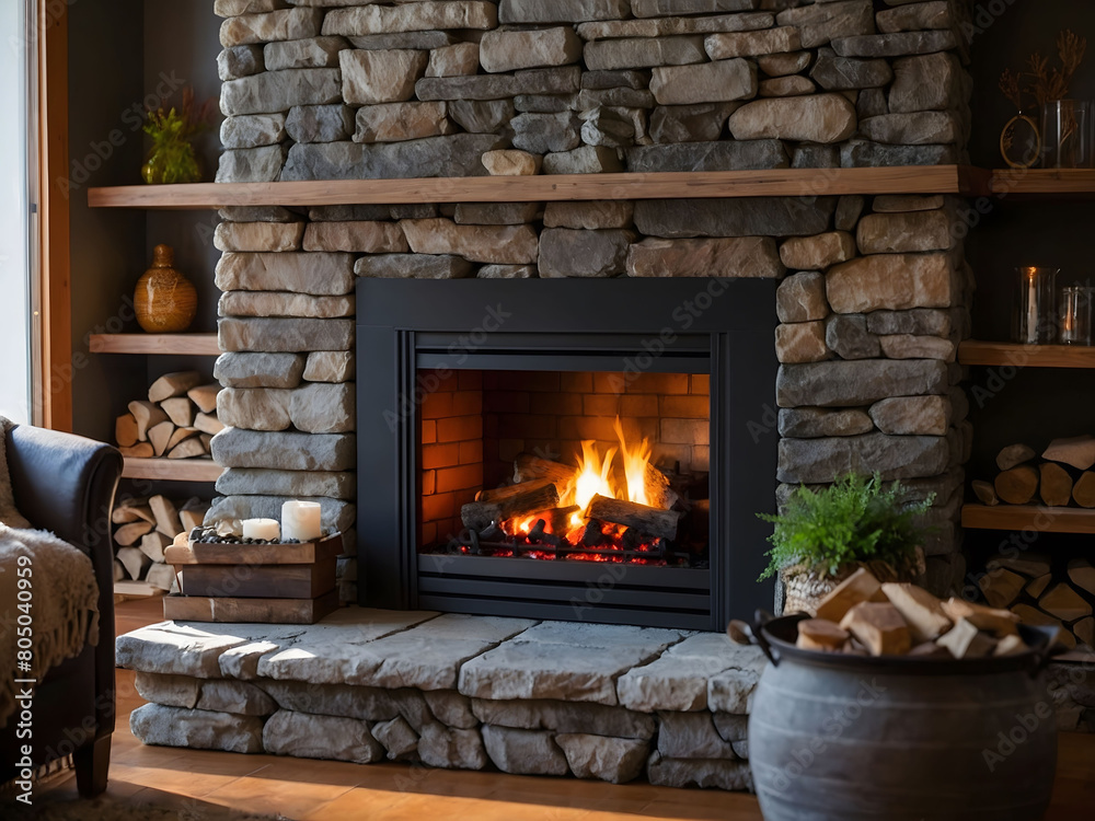 Fireside Tranquility, Cozy Fireplace Framed by a Solid Stonewall, Inviting Relaxation and Comfort. Fireside Tranquility, Cozy Fireplace Framed by a Solid Stonewall, Inviting Relaxation and Comfort.