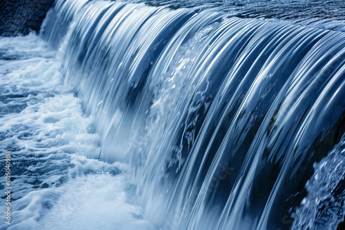 Closeup of water flowing over a dam, illustrating the idea of power and the challenge of managing natural resources  