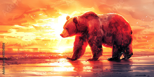 Illustration of a polar bear on the background of the sunset.